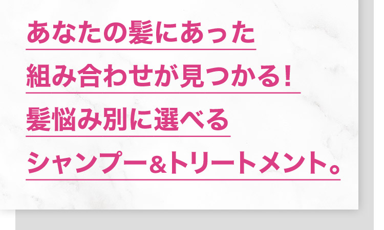 あなたの髪にあった 組み合わせが見つかる！ 髪悩み別に選べるシャンプー＆トリートメント。